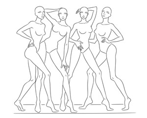 Fashion croquis template featuring four female models posing in a stylish group composition. Perfect for fashion designers and illustrators to create clothing designs, fashion collections.
