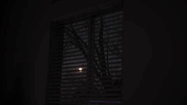 View from the house inside at full moon through window with blinds. Close up shot