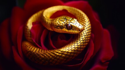 Fototapeta premium Close-up of a shimmering golden snake elegantly coiled on a single vibrant red rose, showcasing a harmonious blend of luxury, nature, and symbolic beauty.. AI Generation