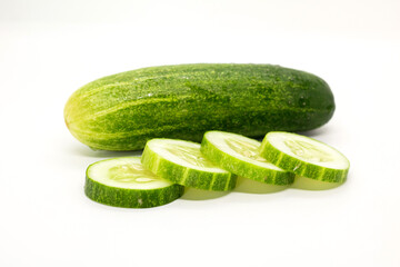 Cucumber slie with water drop in white background, Cucumber with cucumbers slice in isolated background