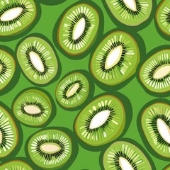 Fototapeta premium Seamless pattern of vibrant kiwi slices on green background, symbolizing tropical freshness and natural wellness. Perfect for food packaging, summer decor, and health-related promotions.