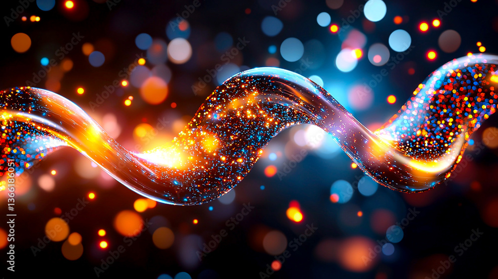 Poster abstract swirling helix of orange and red glowing particles with bokeh highlights on dark background