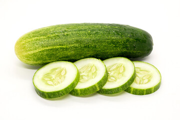 Cucumber with cucumber slice in isolated background, Cucumber slie with water drop