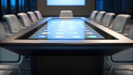 Futuristic conference table featuring a touch screen and integrated AI technology.