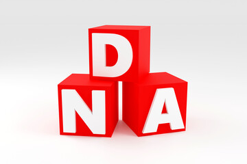 Luxury red inscription DNA on grey podium, soft light, smooth background, 3d rendering