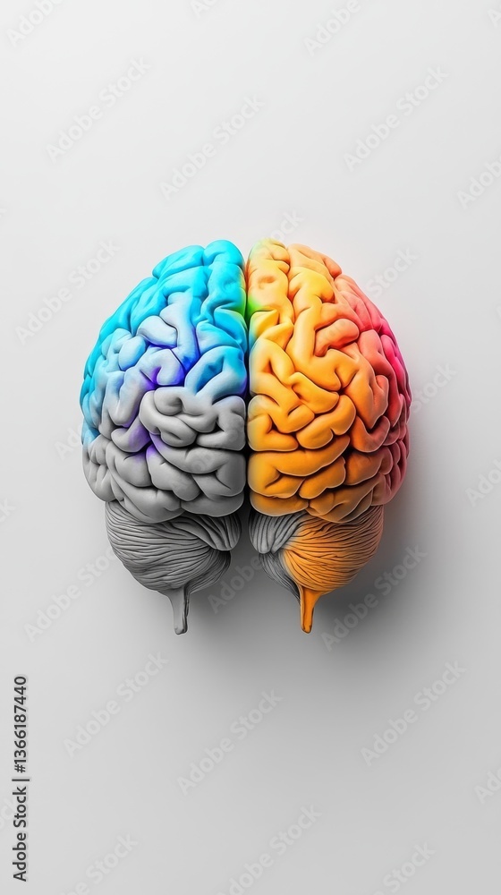 Poster dynamic 3d rendering of a human brain divided into vibrant gradient-colored hemispheres, showcasing 