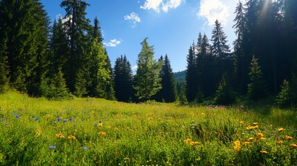 Fototapeta premium Sunlit Meadow Amidst Majestic Coniferous Forest