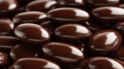 Fototapeta premium Macro shot of smooth chocolate-covered almonds in a shiny, glossy finish. Ideal for concepts like indulgence, dessert, or premium quality chocolate snacks.. AI Generation