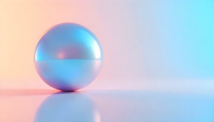 A digital artwork featuring a large, iridescent sphere resting on a reflective surface, set against a soft, gradient background