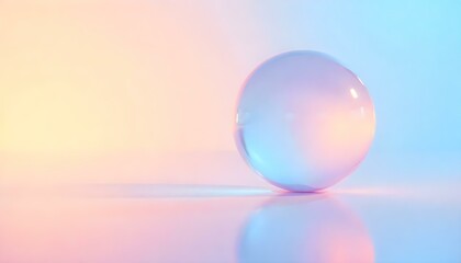 A digital artwork featuring a large, iridescent sphere resting on a reflective surface, set against a soft, gradient background