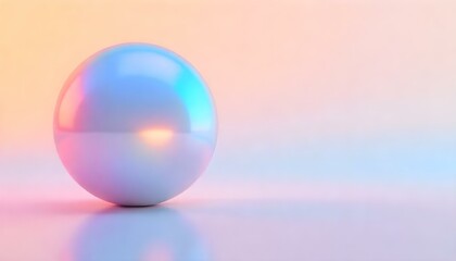 A digital artwork featuring a large, iridescent sphere resting on a reflective surface, set against a soft, gradient background