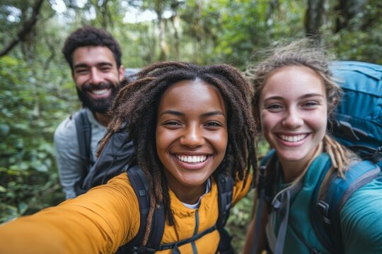 Multiracial happy friends with backpacks hiking in the forest - Group of young people taking selfie picture on the mountains - Travel, friendship and weekend activities