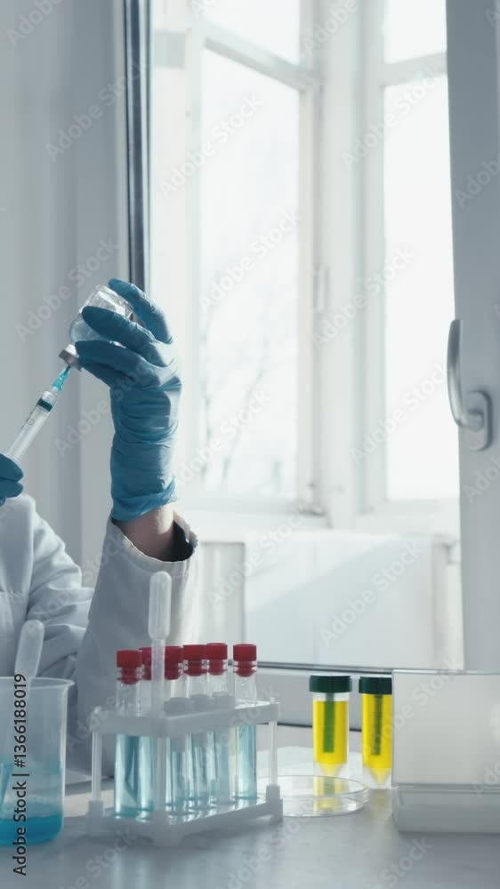 Poster in a busy lab, a dedicated scientist in a lab coat examines a syringe of vivid blue liquid, surround