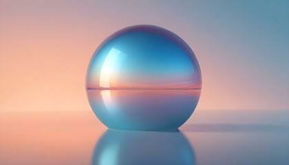 A digital artwork featuring a large, iridescent sphere resting on a reflective surface, set against a soft, gradient background