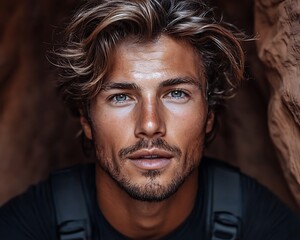 Obraz premium A handsome man looks directly towards the camera with piercing eyes