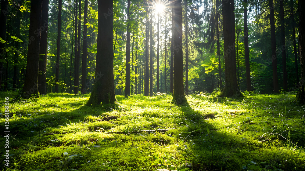 Poster lush green forest with sunlight shining through trees creating shadows and bright spots during dayti