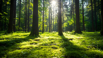 Obraz premium Lush Green Forest with Sunlight Shining Through Trees Creating Shadows and Bright Spots during Daytime