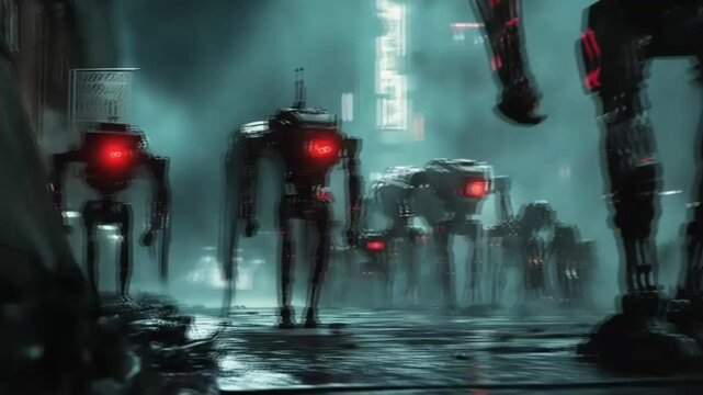 A group of robots walking on the street in a futuristic city. Smooth repetitive motion for background video animation.