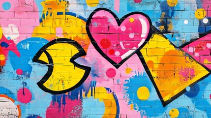 Vibrant graffiti pop art mural with bold abstract shapes and bright colors on an urban wall, modern street art design for creative backgrounds and artistic concepts