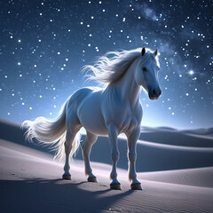 White horse under the stars in the desert night.