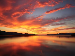 Stunning Sunset Over Lake Vibrant Sky Reflection, Nature Scenery, Mountain Silhouette.