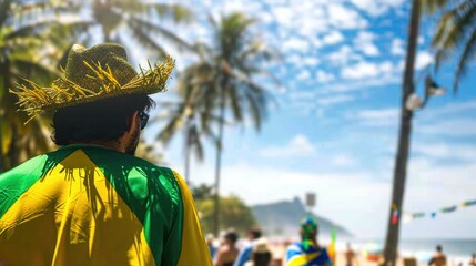 brazil independence day, brazilian man in a straw hat, back view, brazilian flag, beach party, street folk procession, music festival