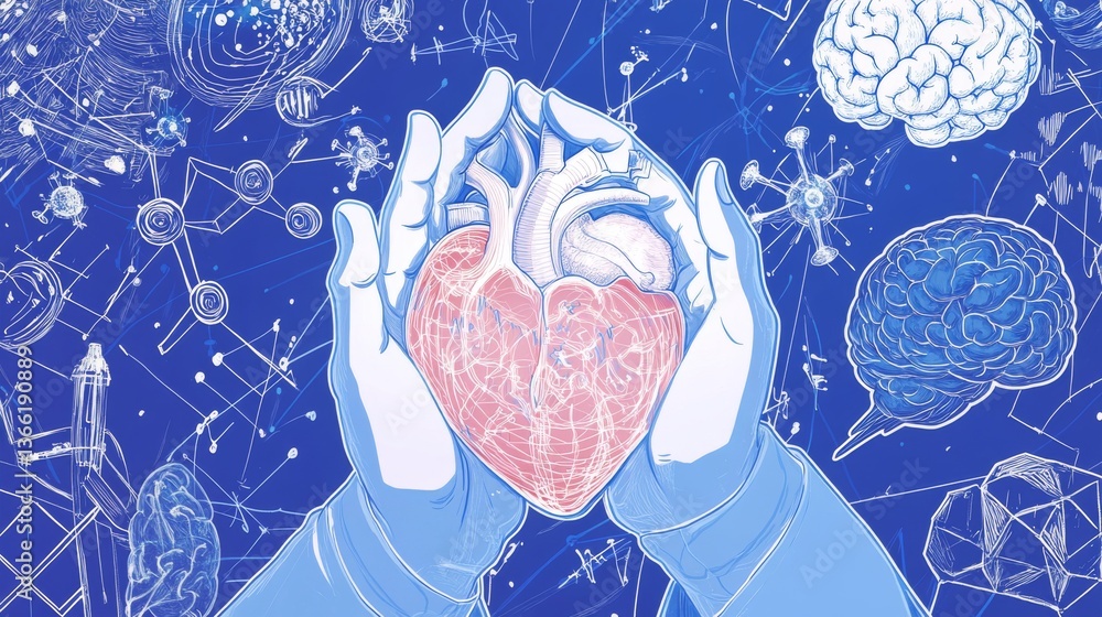 Poster detailed illustration of hands gently holding a translucent heart intertwined with a brain, with a d