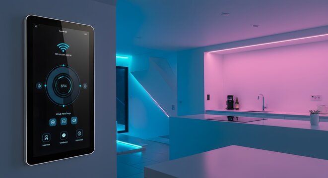 Smart home interface displayed on tablet controlling modern kitchen lighting