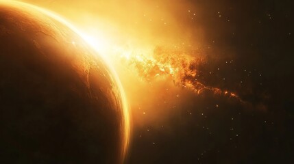 Obraz premium A planet is partially hidden, but a bright light shines on the edge. It looks like a sunrise. Simple drawing.