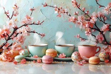 Steaming Tea with Cherry Blossoms and Macarons on a Soft Blue Background

