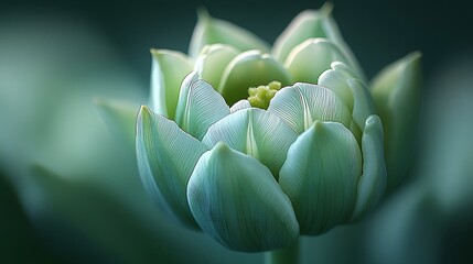 Delicate Green Lotus Bud with Soft Petals Against a Blurred Background


