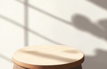 A beautiful, empty, round wooden tabletop counter in a clean and bright wine bar interior, with sunlight casting shadows