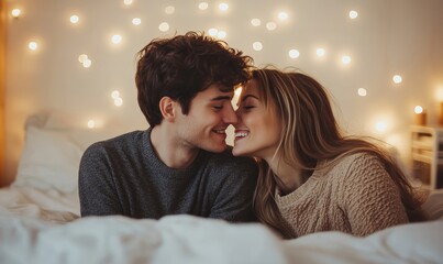 Sensual couple kissing on bed - Two lovers having sex intimate moment together - Love concept
