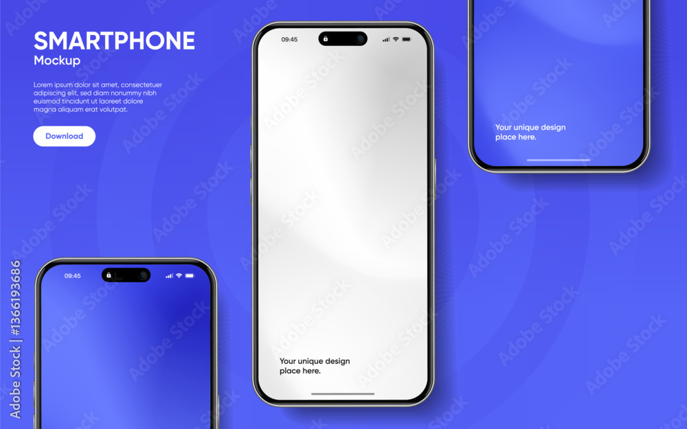 Poster Realistic smartphone mockup. Mobile phone vector with isolated on white background. Device front view. 3D mobile phone with shadow. Realistic, high quality smart phone mockup for ui ux presentation.