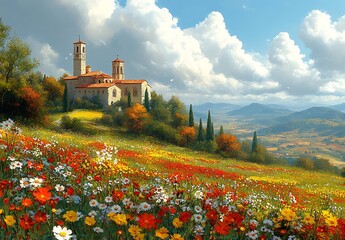 Blooming Flower Field with a Serene Church Among Rolling Hills

