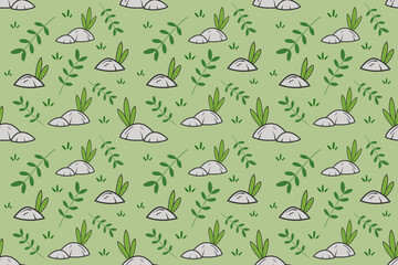 A minimalist vector pattern featuring stones, sprouts, and green branches. Perfect for packaging design, textiles, wallpapers, and eco-friendly products. Vector illustration EPS10.