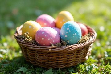 A delightful basket of pastel Easter eggs nestled in vibrant spring grass, bathed in soft sunlight.