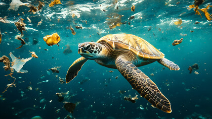Obraz premium Sea turtle swimming amid ocean pollution and debris in turquoise waters