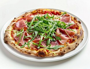 Photo of an prosciutto and arugula pizza on white plate, front view, studio lighting, high