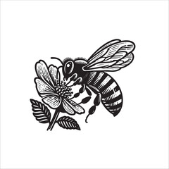 Naklejka premium Simple Honeybee Pollinating Flower Vector Icon – Vintage Logo & Retro Illustration