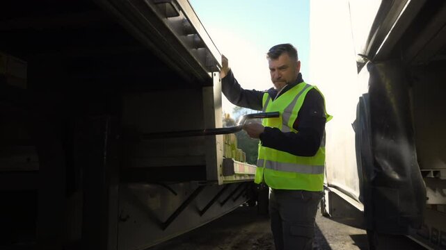 Young handsome Professional Semi Truck Driver wearing a safety vest connecting a trailer to the truck on beautiful sunny day. Slow motion