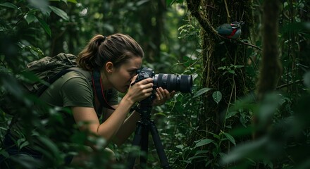 Dedicated nature photographer capturing bird in vibrant tropical environment