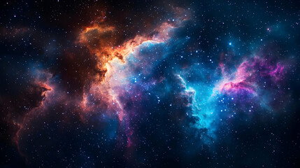 Vibrant Nebula In Space With Blue Orange And Purple Hues With Numerous Stars And Light Across The Cosmos
