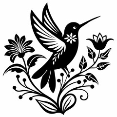 Obraz premium Elegant Hummingbird with Flowers Black and White Vector Illustration Art