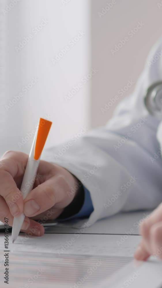 Poster a dedicated medical professional in a clean white coat writes notes on a clipboard and types on a la