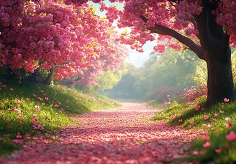 Pathway Lined with Blooming Pink Trees and Fallen Petals in Sunlight

