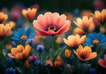 Vibrant Field of Pink, Orange, and Blue Flowers in Soft Light

