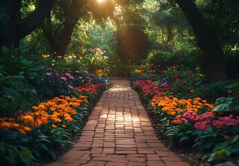 Sunlight on a Brick Path Surrounded by Colorful Garden Flowers


