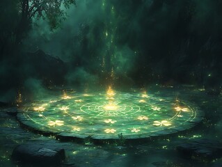 Glowing Circular Altar with Ethereal Flames in a Foggy Forest

