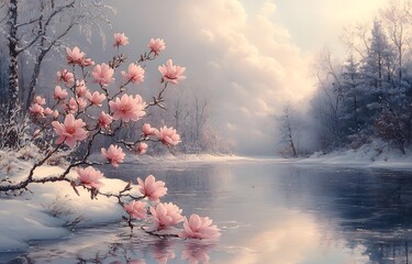 Pink Magnolia Tree by a Frozen River in a Misty Winter Landscape

